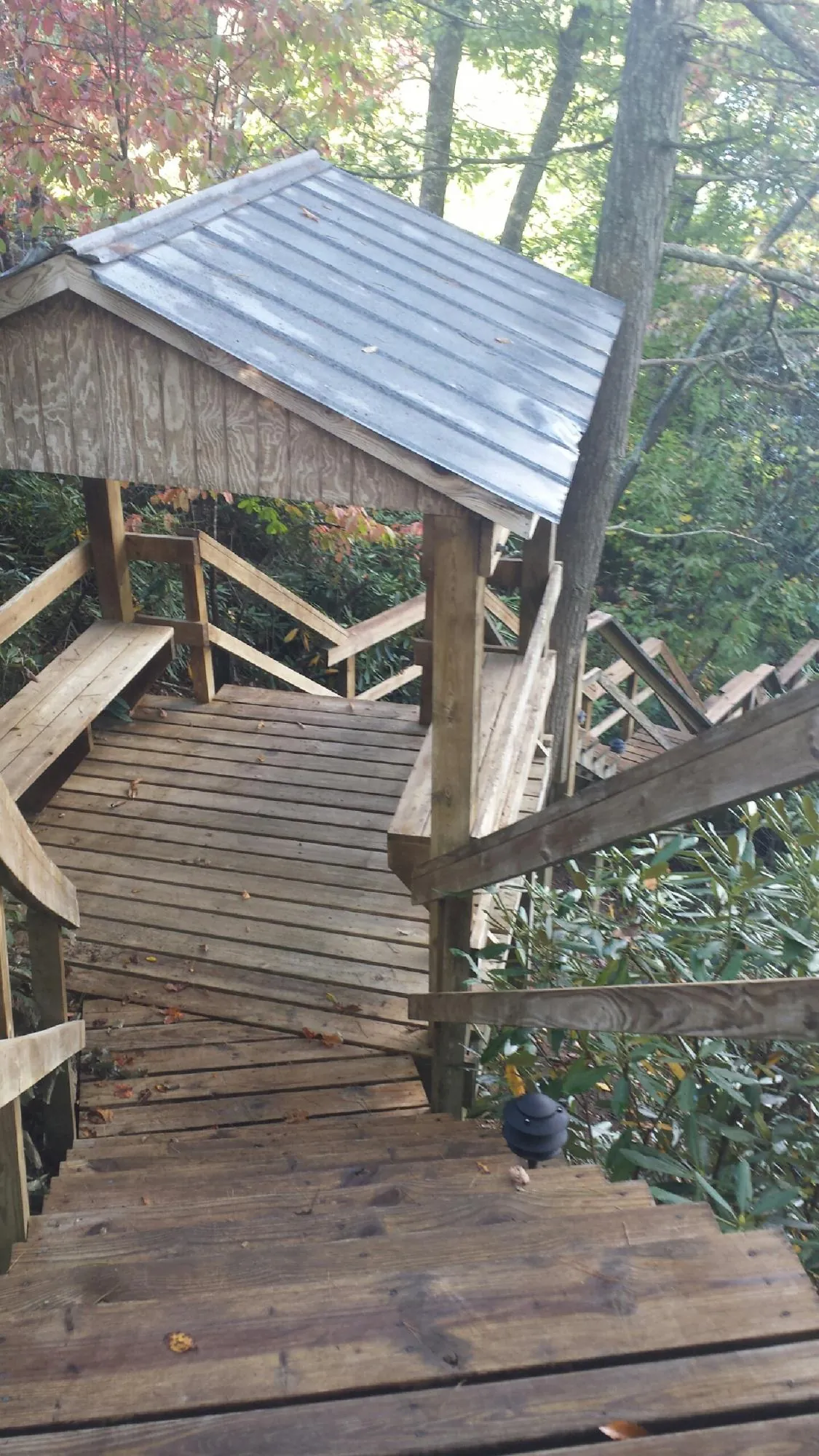 Metal roofed shelter over wooden steps on a wooded walkway — Skylight Repair & Installation work by our crew in Deer Lodge